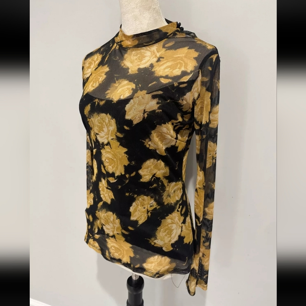 LINEAS Floral Mock Neck Black/Yellow Long Sleeve Mesh Top Sz S